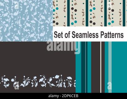 Set of 4 seamless patterns. First is with poppy silhouettes with 1400x1100 size, second with circles is 1960x700 size, third is stripe line of poppies Stock Vector
