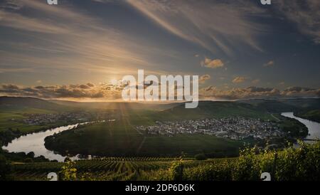 A beautiful shot of the sunset of the Mosel river inTrittenheim, Germany Stock Photo