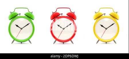 Set of three vintage alarm clocks in green, red and yellow, without numbers, isolated on white background. 3D illustration Stock Photo