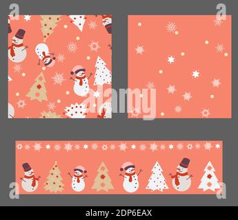 Red Christmas Set with 3 Seamless Patterns. there are snowman, spruce, snowflakes and spots Stock Vector