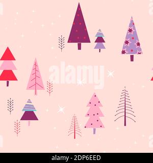 Winter forest seamless pattern in pink colors Stock Vector