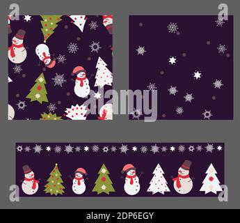Set of 3 seamless patterns: 2 square and 1 spripe. They are made in Christmas Theme Colors. There are Christmas tree, snowman and snowflakes Stock Vector