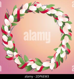 Wreath made from tulips and springs with bright red silk ribbon Stock Vector