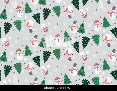 Christmas seamless pattern with snowflakes, snowman and spruce Stock Vector