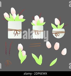 Set with tulip flowers and branches with buds in flower spots. Set also has tulip flowers and leaves, branches and ropes separately Stock Vector