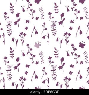 Meadow seamless pattern with a lot of spring and summer flowers. There are bug and butterfly. There are garden and forest flowers such as marigold, sn Stock Vector