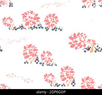 Seamless Pattern with trees of bubbles and fluing with the wing petals and lupins in pink colors Stock Vector