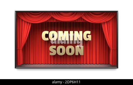 Coming Soon poster with red stage curtains 3D illustration Stock Photo
