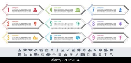 Infographic design business concept vector illustration with 9 steps or options or processes represent work flow or diagram or web button banner Stock Vector