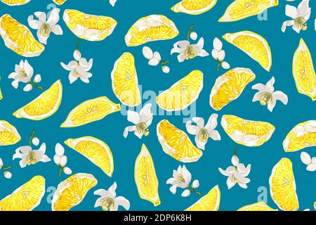 Seamless Pattern with lemon citrus slices and flowers with blue background. Bright colors with golden tones Stock Vector