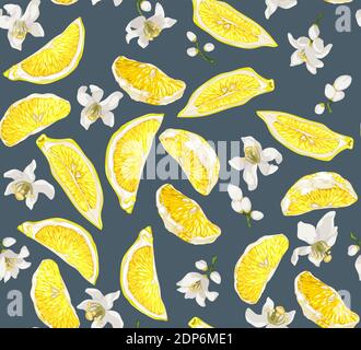 Vintage pastel color in seamless pattern with blooming citrus flowers and lemon slices. Blossom and freshness in vector design Stock Vector
