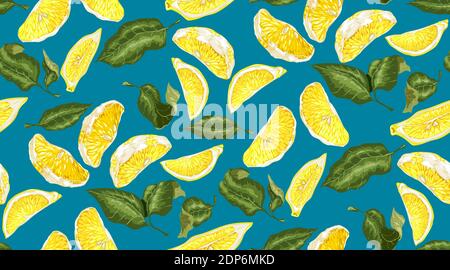 Lemon seamless pattern with slices and leaves. Pastel colors in vector graphic. Bright yellow colors on the blue background Stock Vector