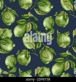 Seamless Pattern with juicy limes and lemons on dark blue background, made in vintage style Stock Vector