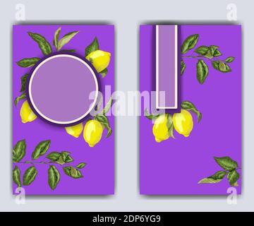 Banner template in bright purple colors with lemon fruits and citrus tree branches. There are 2 sides with frames of sifferent shapes Stock Vector