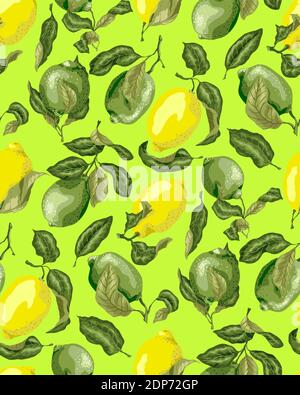 Seamless Pattern with juicy citrus limes and lemons bright green background. There are fruits on the branches Stock Vector