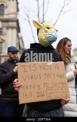 Protester wearing sheep mask and holding placard during COVID-19 anti-vaccine protest, Parliament Square, London, 14 December 2020 Stock Photo