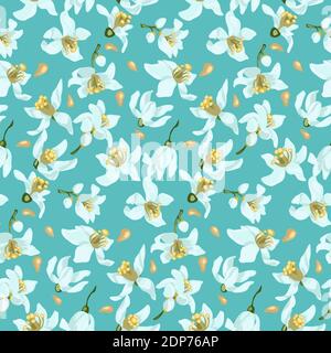 Seamless pattern with seeds and citrus tree flowers of different types such as an orange tree, a lemon tree or a lime tree. Vector illustration made i Stock Vector