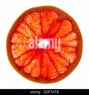 Pink grapefruit slice isolated on a white background with top view and structure. Healthy vegan food. Stock Photo