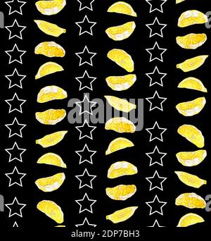 Seamless pattern with citrus slices and stars in vector graphic on the black background Stock Vector