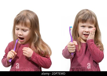 the child has a toothache when brushing clear. increased sensitivity of the teeth. 2 poses. isolate on white background Stock Photo