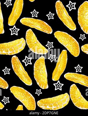 Seamless pattern with citrus orange tree fruit slices and black stars with black center. The pattern is made in vector graphic realistic style Stock Vector