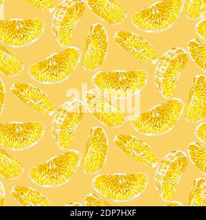 Seamless vector pattern with orange citrus fruit slices on pastel orange background in graphic design drawing Stock Vector