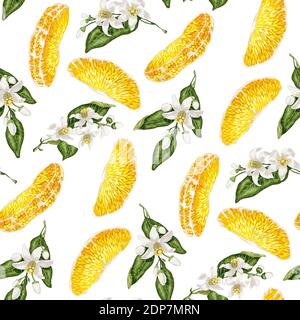 Seamless pattern with  slices  of citrus fruit and branches with blooming  flowers. Vector design  realistic drawing illustration in bright colors Stock Vector