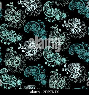 Beautiful abstract ornament seamless pattern  with different elements made in vector in blue colors on the black background Stock Vector