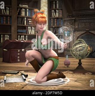 Apprentice witch practicing in the magical library. With a fairy in a sphere of energy. Stock Photo