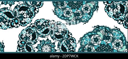 Seamless ornamental pattern horizontal line with blue circle pattern elements in lace style in graphic vector design Stock Vector