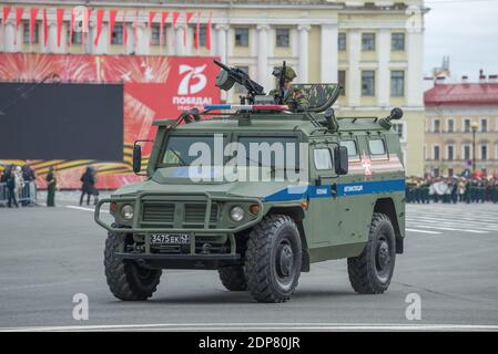 SAINT PETERSBURG, RUSSIA - JUNE 20, 2020: Car GAZ Tigr-M VPK-2331 military traffic police on the rehearsal of the military parade in honor of Victory Stock Photo