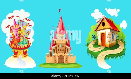 icon for crhistmas.and Medieval castle towers. Fairytail mansion exterior, king fortress castles and fortified palace with gate. Old ancient gothic to Stock Vector