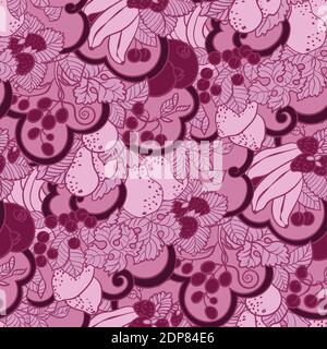 Seamless pattern with abstract curls, fruits and berries in pink colors. There is  mint also in vector graphic illustration Stock Vector