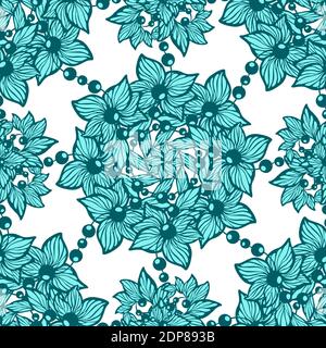 Seamless vector pattern with circle ornament made from flowers and leaves and beads in  graphic design Stock Vector