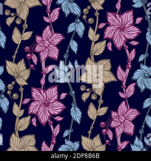 Floral seamless pattern with vertical lines in vector graphic with flowers, leaves and beads Stock Vector
