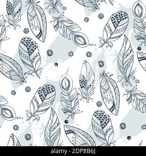Seamless tribal pattern with feathers  in vector graphic illustration in blue colors with beads in ornament with shadows Stock Vector