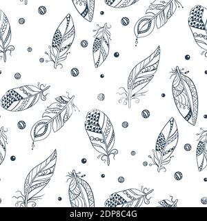 Seamless tribal pattern with feathers in vector graphic illustration in blue colors with beads in ornament Stock Vector
