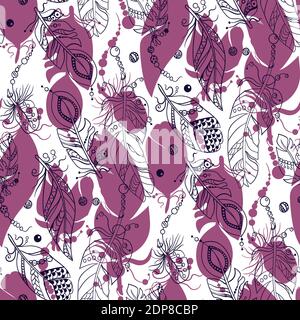 Seamless tribal pattern with feathers  in vector graphic illustration in pink and dark blue colors with beads in ornament with shadows Stock Vector