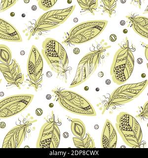 Seamless tribal pattern with feathers in vector graphic illustration inyellow and brown colors with beads in ornament with shadows Stock Vector