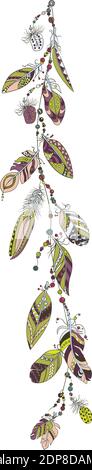 Vertical colored  ornamental pattern with a rope with feathers and beads in vector graphic in tribal style Stock Vector
