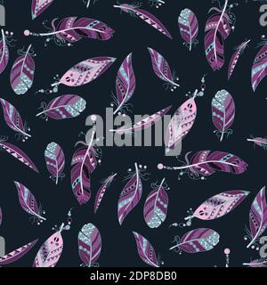 Samless pattern with colored purple and blue feathes in vector ornament with beades and lines Stock Vector