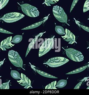 Seamless pattern in marine colors with feathers in tribal stye with beads in vector graphic with native ornaments Stock Vector
