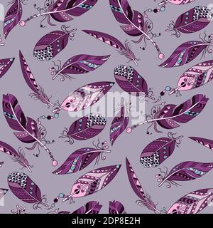 Samless pattern on purple background with colored purple and pink feathes in vector ornament with beades and lines Stock Vector