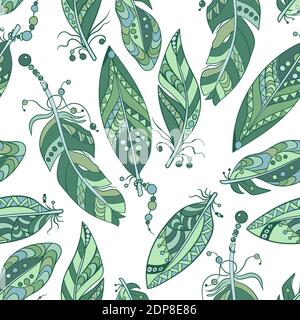 Seamless pattern in marine colors with feathers in tribal stye with beads in vector graphic with native ornaments Stock Vector
