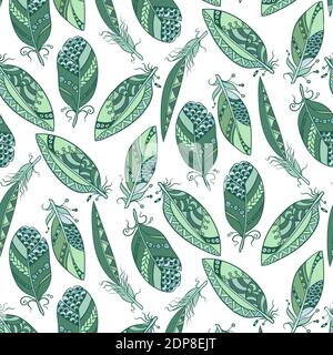Seamless pattern in marine colors with feathers in tribal stye with beads in vector graphic with native ornaments Stock Vector
