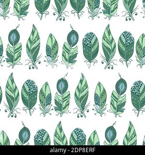 Seamless pattern in marine colors with horizontal lines of  feathers in tribal stye with beads in vector graphic Stock Vector