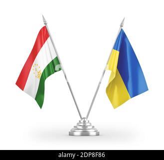 Ukraine and Tajikistan table flags isolated on white 3D rendering Stock Photo