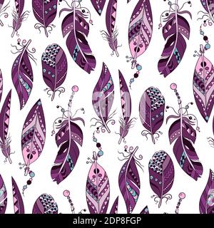 Samless pattern with colored purple and pink vertical feathes in vector ornament with beades and lines Stock Vector