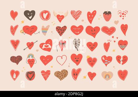 Set of hand drawn heart stickers. Various hearts, stars, elements. Great for printing, staples, icons, designs. Concept for love, wedding, valentine s Stock Vector