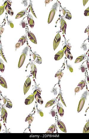 Vertica seamless colored  ornamental pattern with a rope with feathers and beads in vector graphic in tribal style Stock Vector